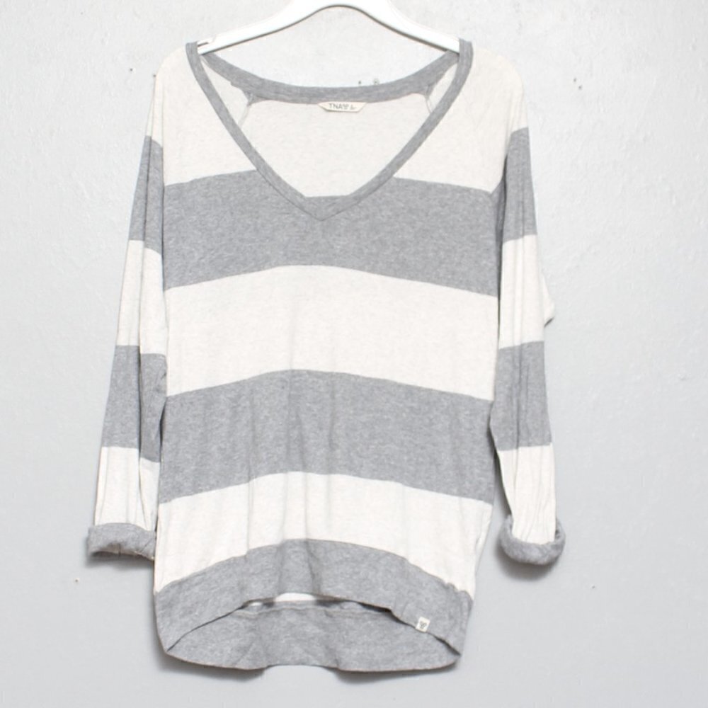 TNA gray and white striped rayon blend long sleeve long lined top
